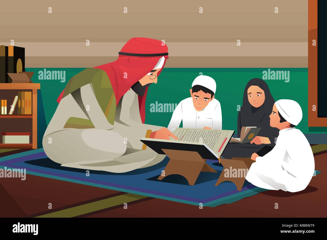 A vector illustration of Imam Reading Quran With His Students Stock Vector