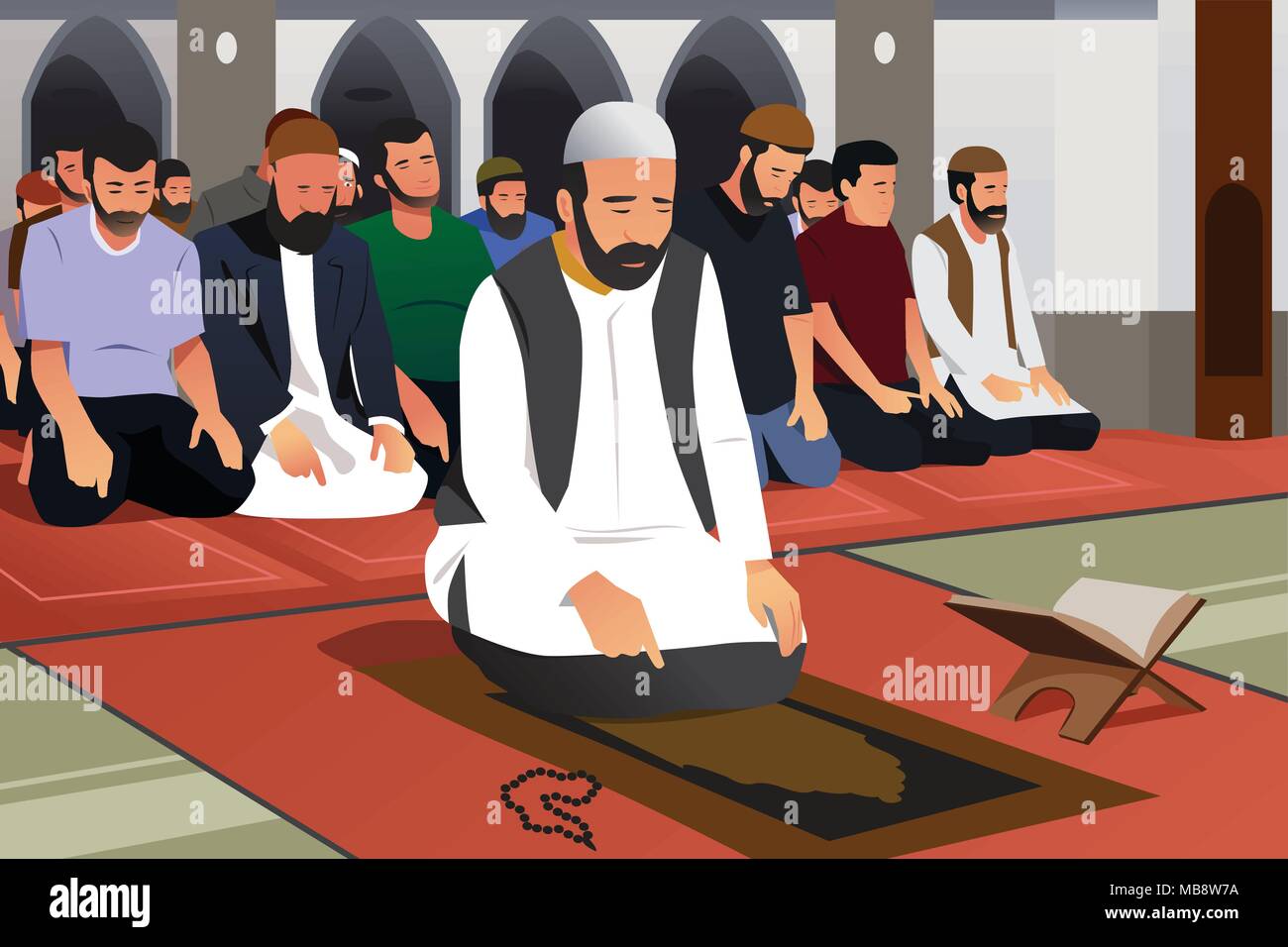 A vector illustration of Muslims Praying in a Mosque Stock Vector