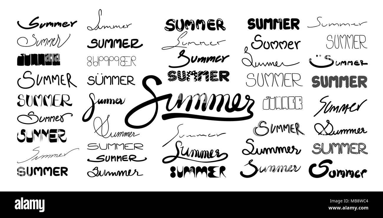 Set of hand lettered text 'Summer' in 42 styles. Vector illustration calligraphy design for background or banner. Stock Vector