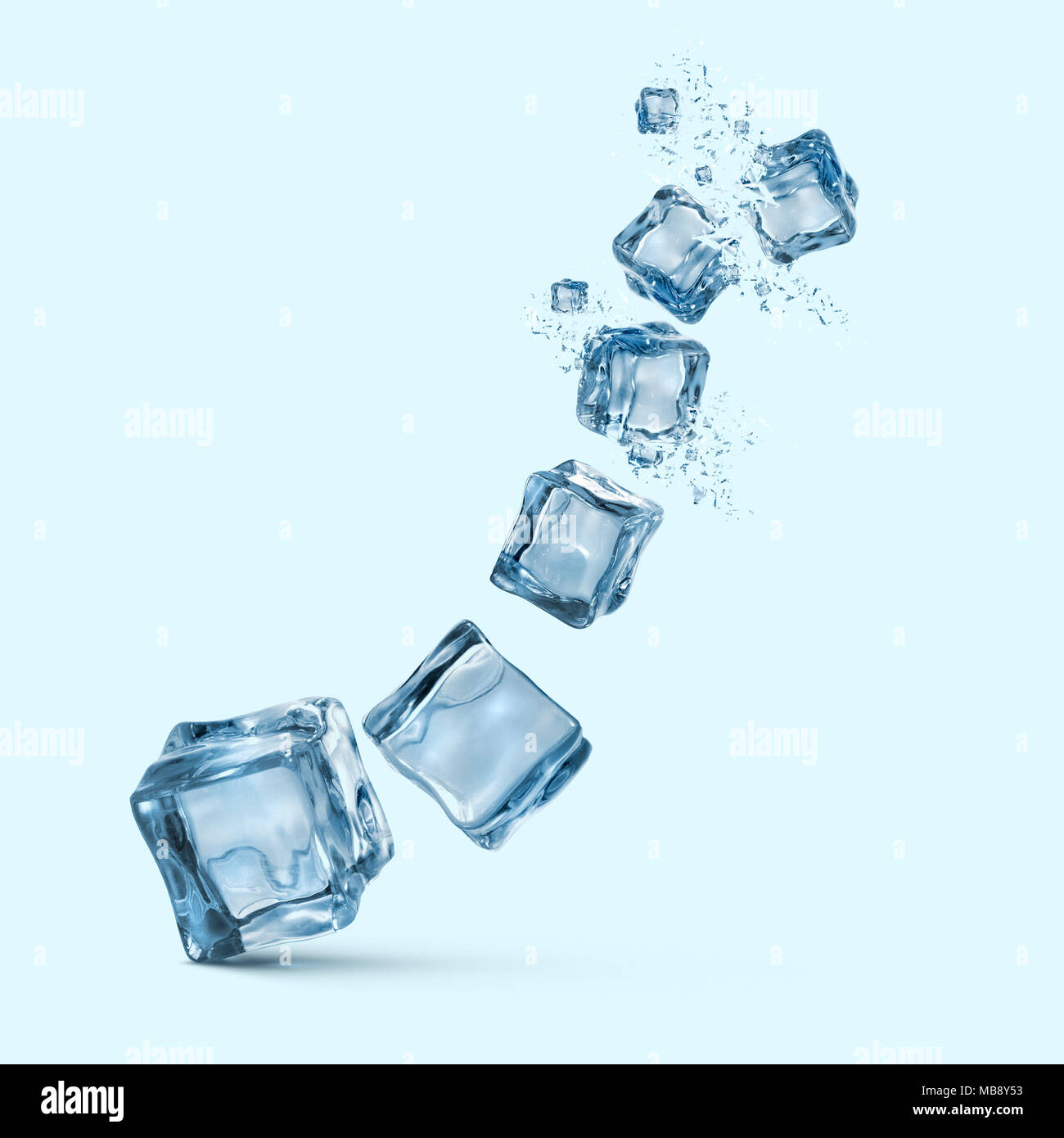 ice cubes with water splashes isolated on blue background Stock Photo ...