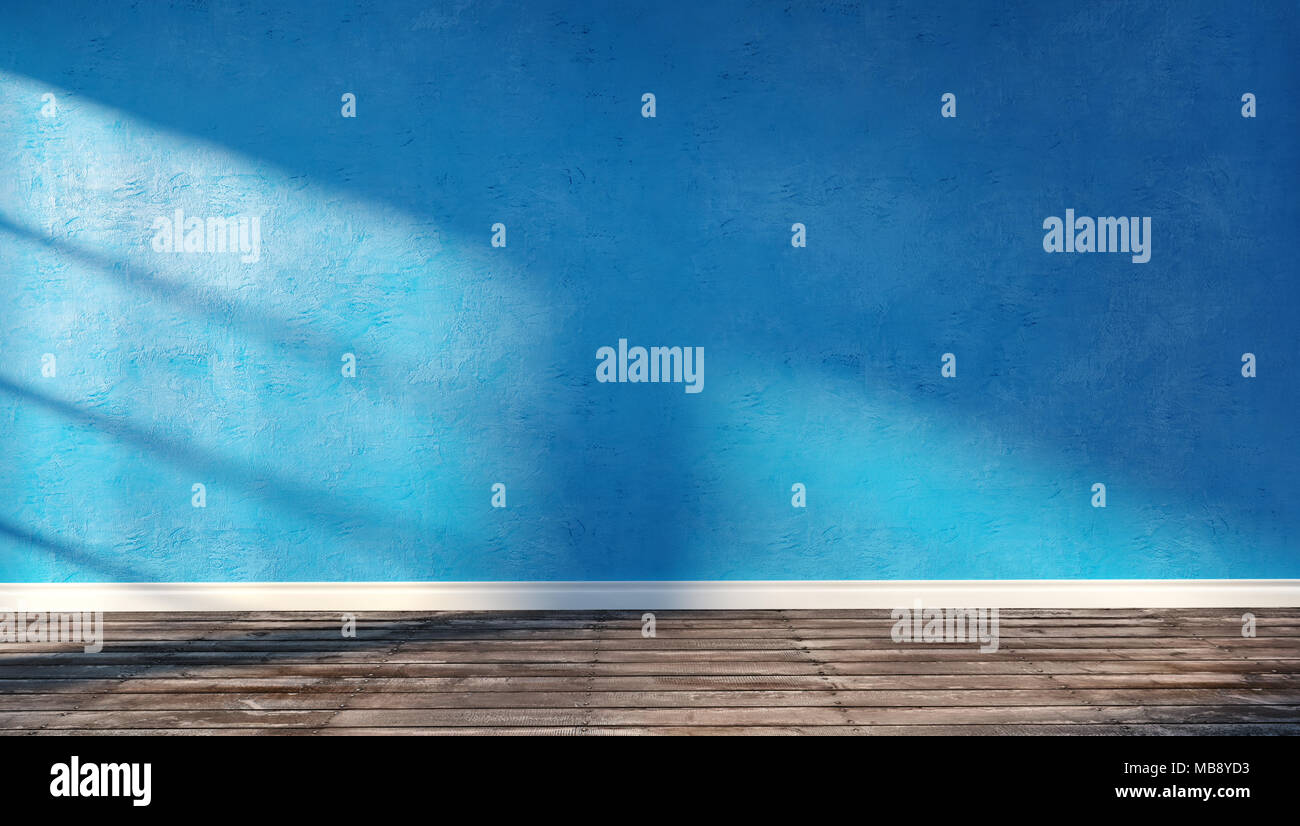 3d rendering illustration of big modern room with blue plaster wall, wooden floor and white plinth. Interior with bright sunlight. Studio, showroom, p Stock Photo