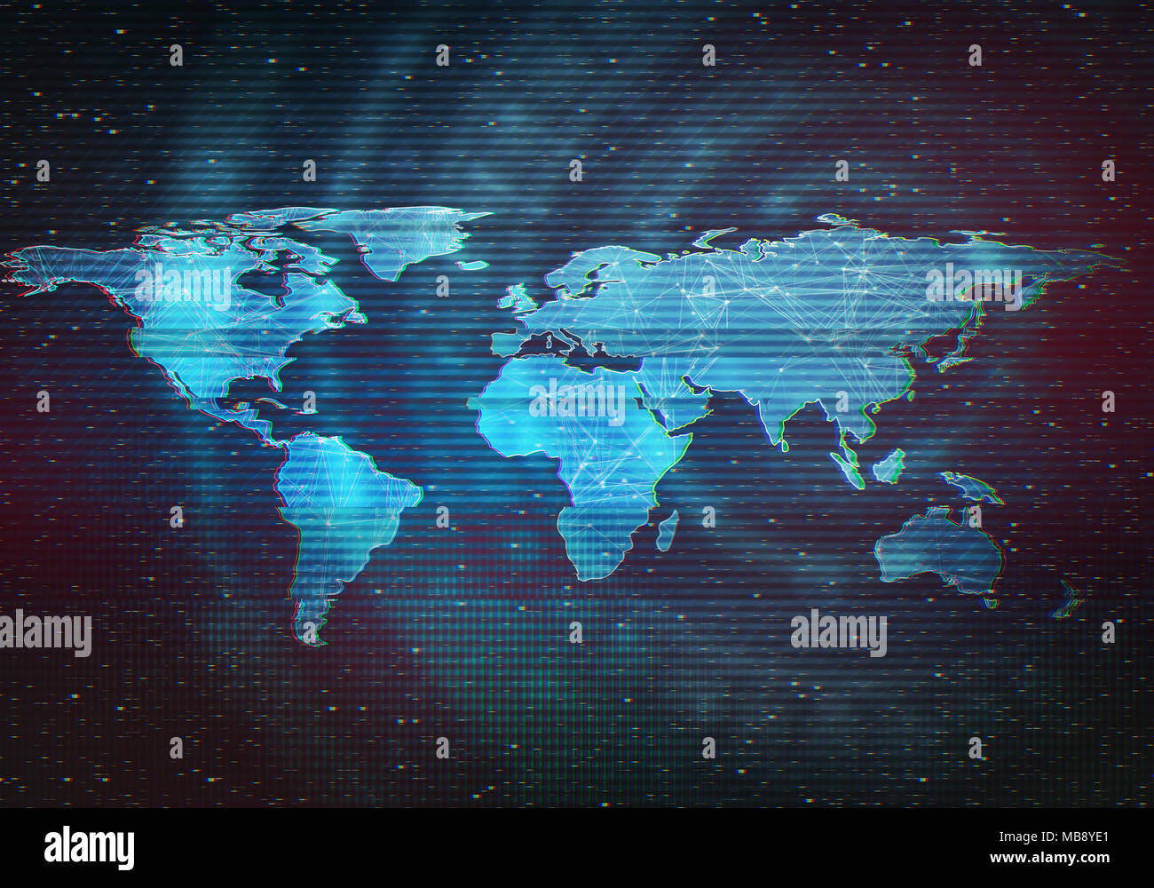 Abstract digital illustration of world map. Distorted interface screen, signal error, fail. Glitch effect technology background. Conceptual image. Stock Photo