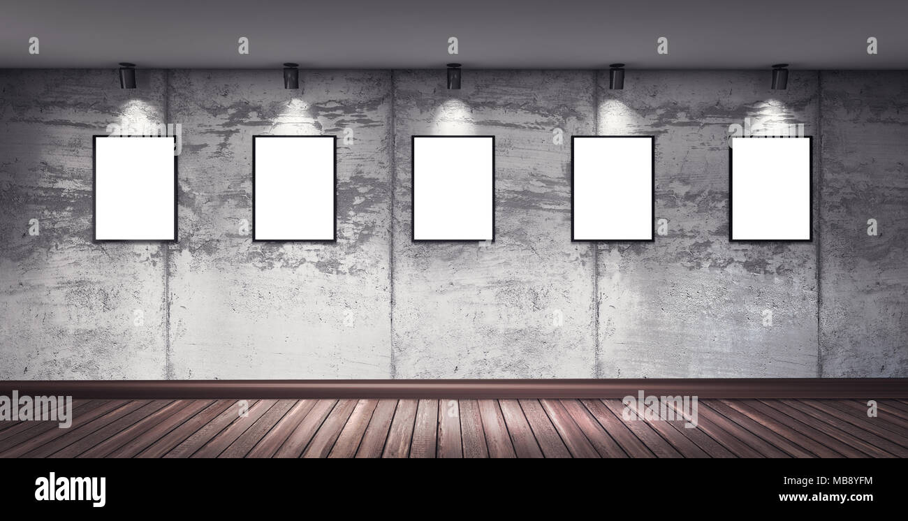 Modern concrete gallery room with wooden floor, directional spotlight and frames. Product artwork exhibition mock up. White isolated art frames. 3d re Stock Photo