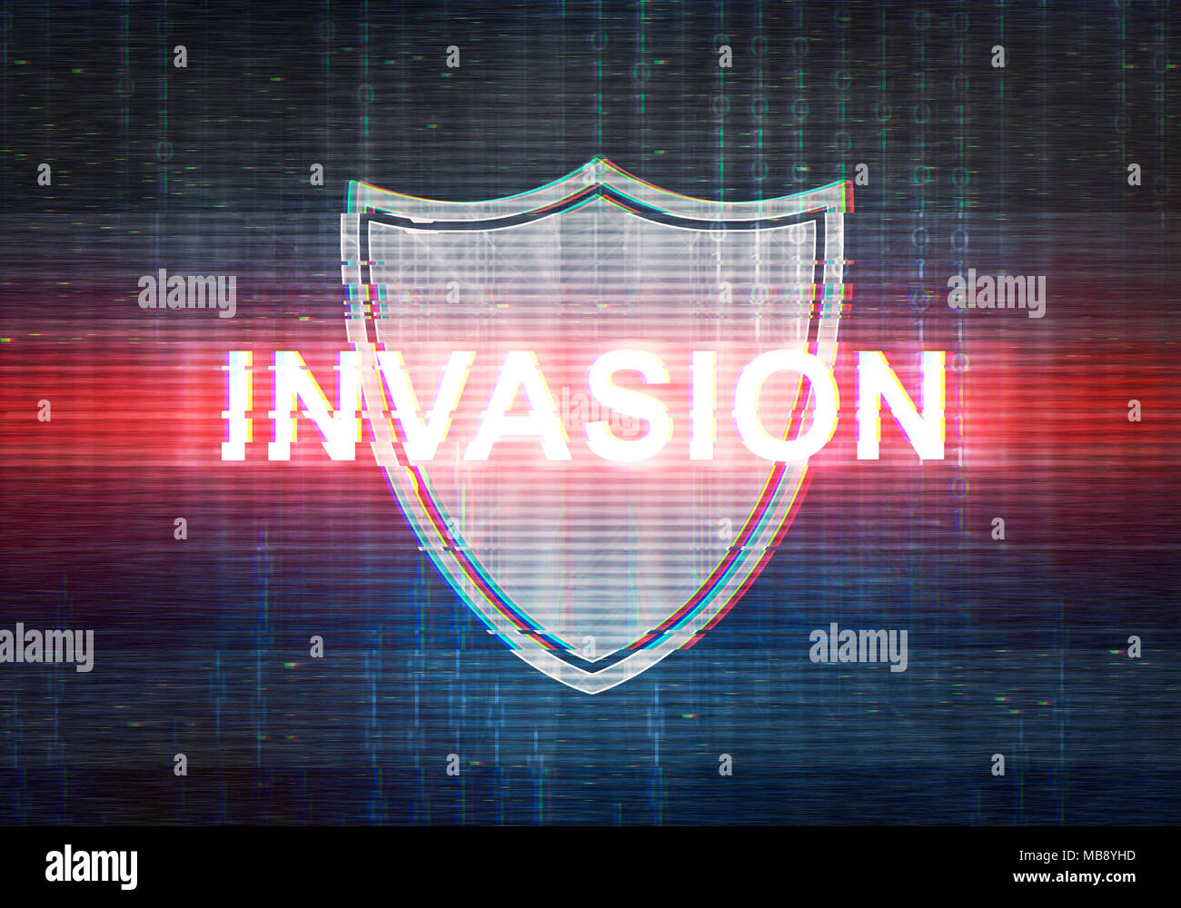 Abstract illustration of distorted display screen with red light spot and shield icon. Attacked inscription in technology interface. Glitch effect Stock Photo