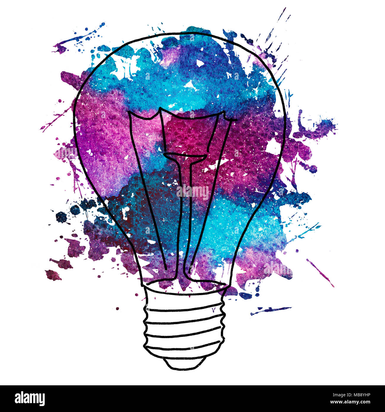 2d hand drawn illustration of edison's bulb. Colorful isolated splash watercolor. Ink sketch, doodle on white background. Idea and solution concept. Stock Photo