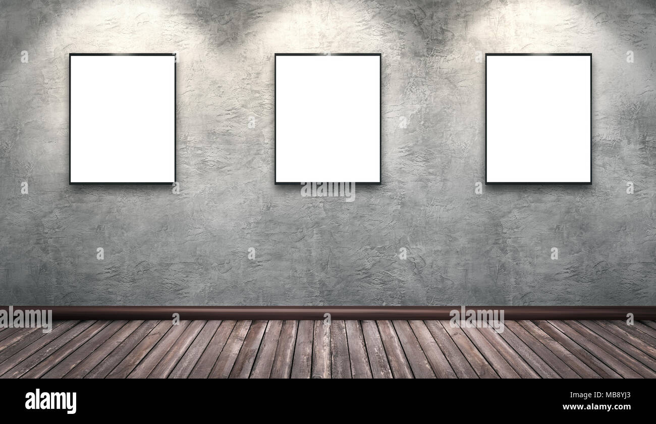 Modern concrete gallery room with wooden floor, directional spotlight and artwork frames