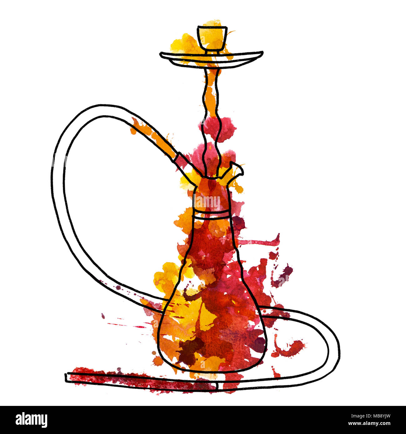 2d hand drawn illustration for lounge bar. Red yellow watercolor splash blot in shape of oriental hookah. Sketch, doodle isolated on white background. Stock Photo