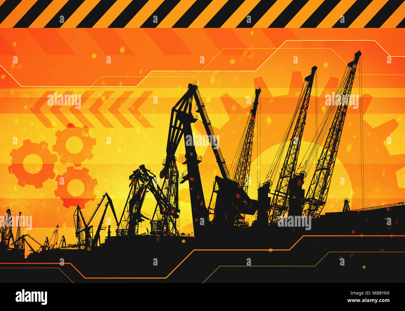 2d industrial illustration of under construction background with construction crane. Caution warning tape. Stock Photo