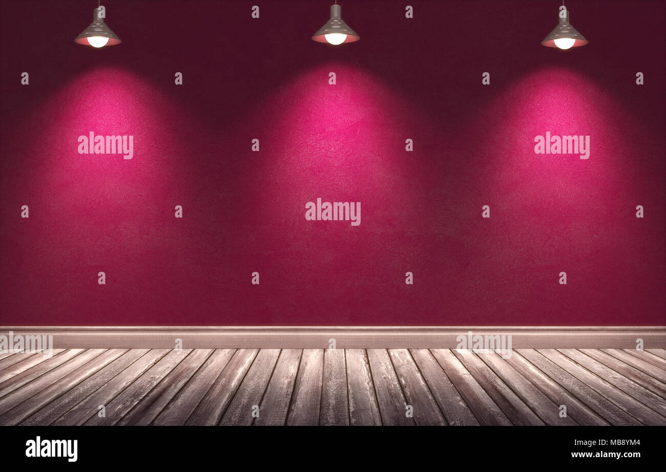 3d rendering illustration of big modern room with red ruby painted concrete wall, wooden floor and plinth. Interior with three hanging lamp Stock Photo