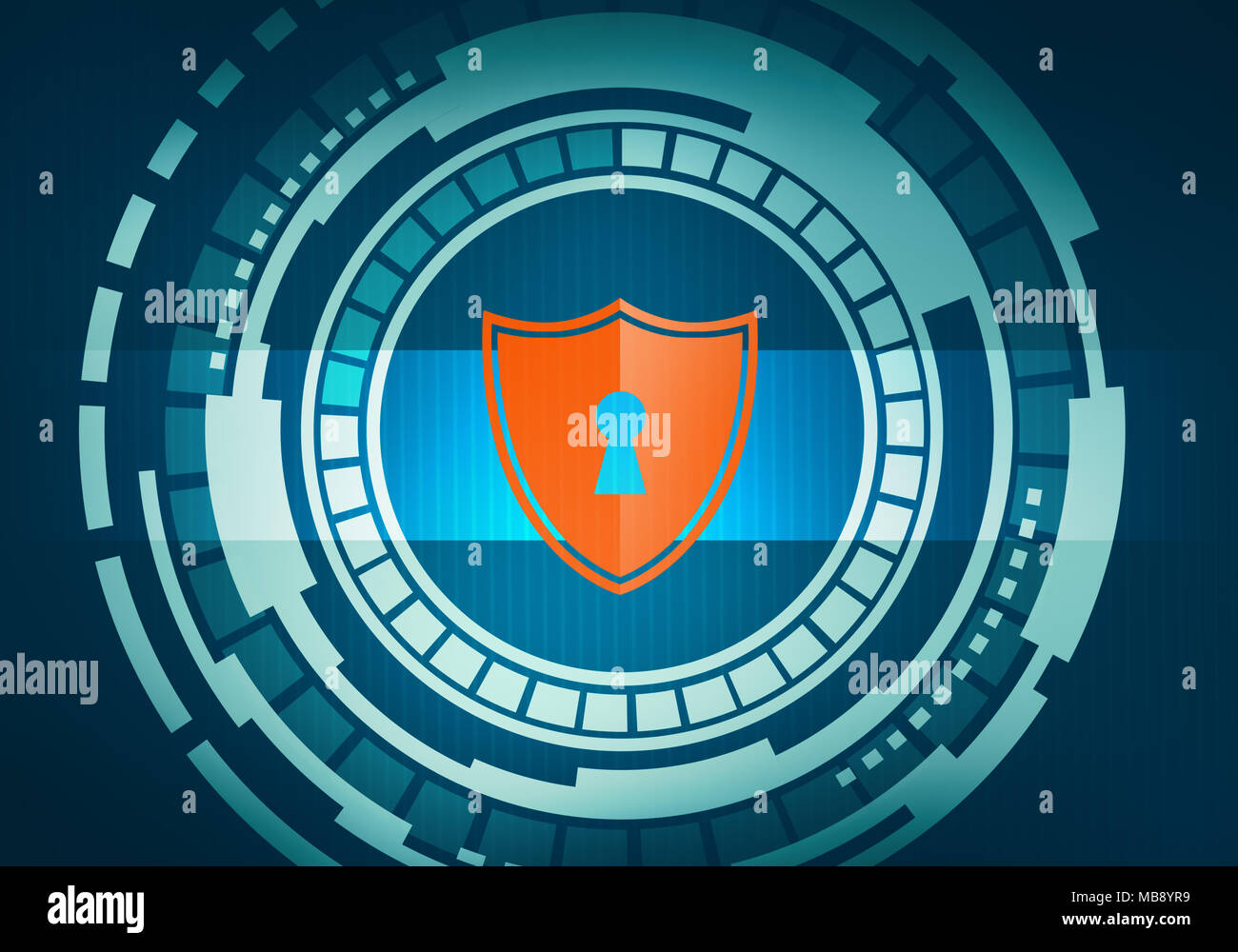 Abstract digital illustration of touch screen circle interface with security and safety shield icon on circuit microchip background. For branding, gra Stock Photo