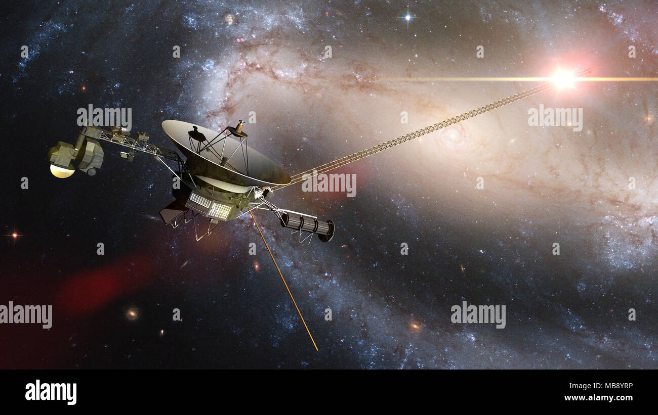 Voyager spacecraft in front of a galaxy and a bright nearby star in deep space Stock Photo