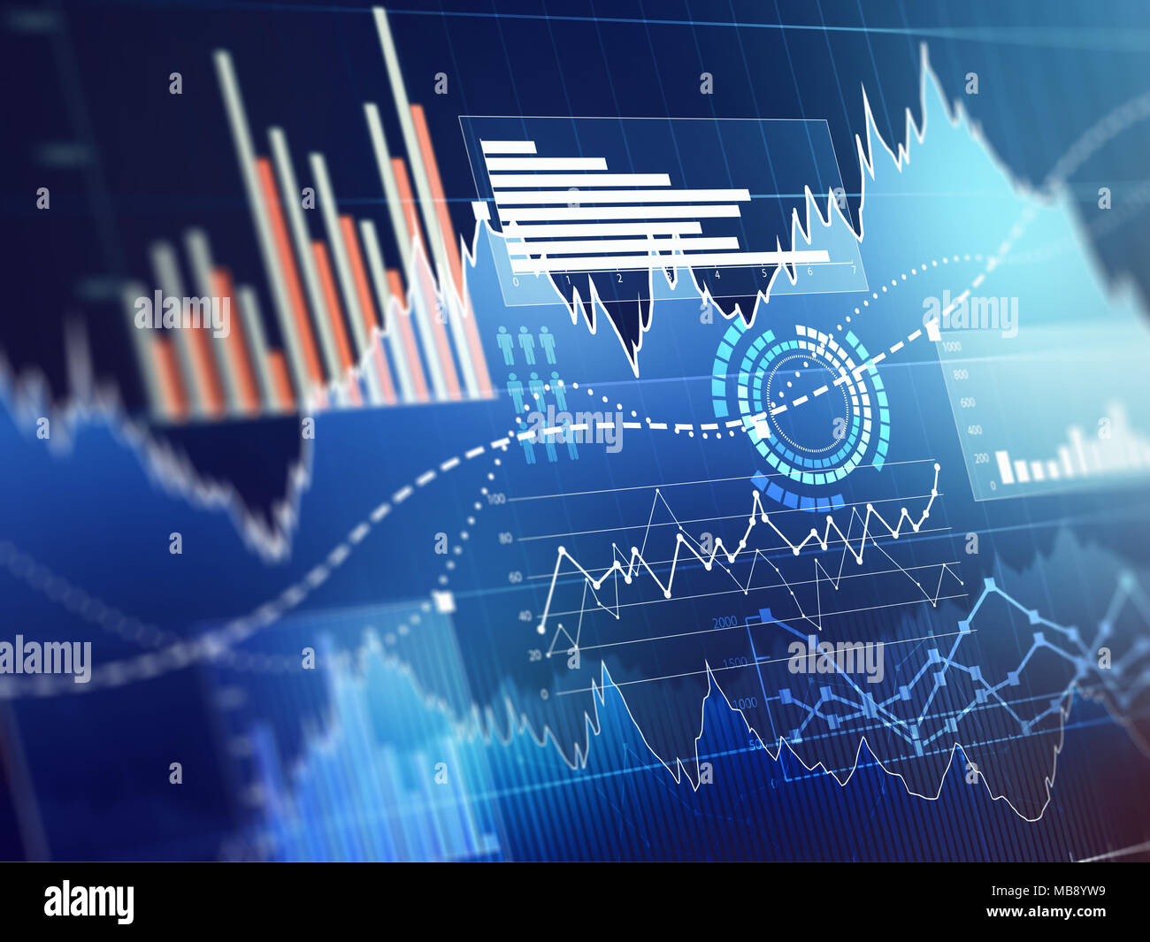 Abstract business chart with uptrend line graph, bar chart and diagram in bull market on dark blue background. Stock Photo