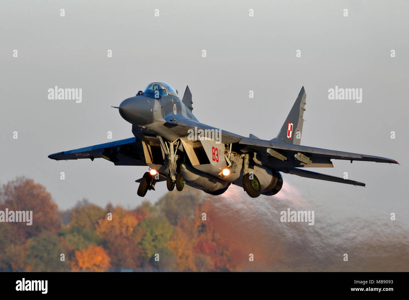 Polish Air Force Mikoyan Gurevich Mig 29A Fulcrum, full afterburners launch at Mińsk Mazowiecki near Warsaw Stock Photo