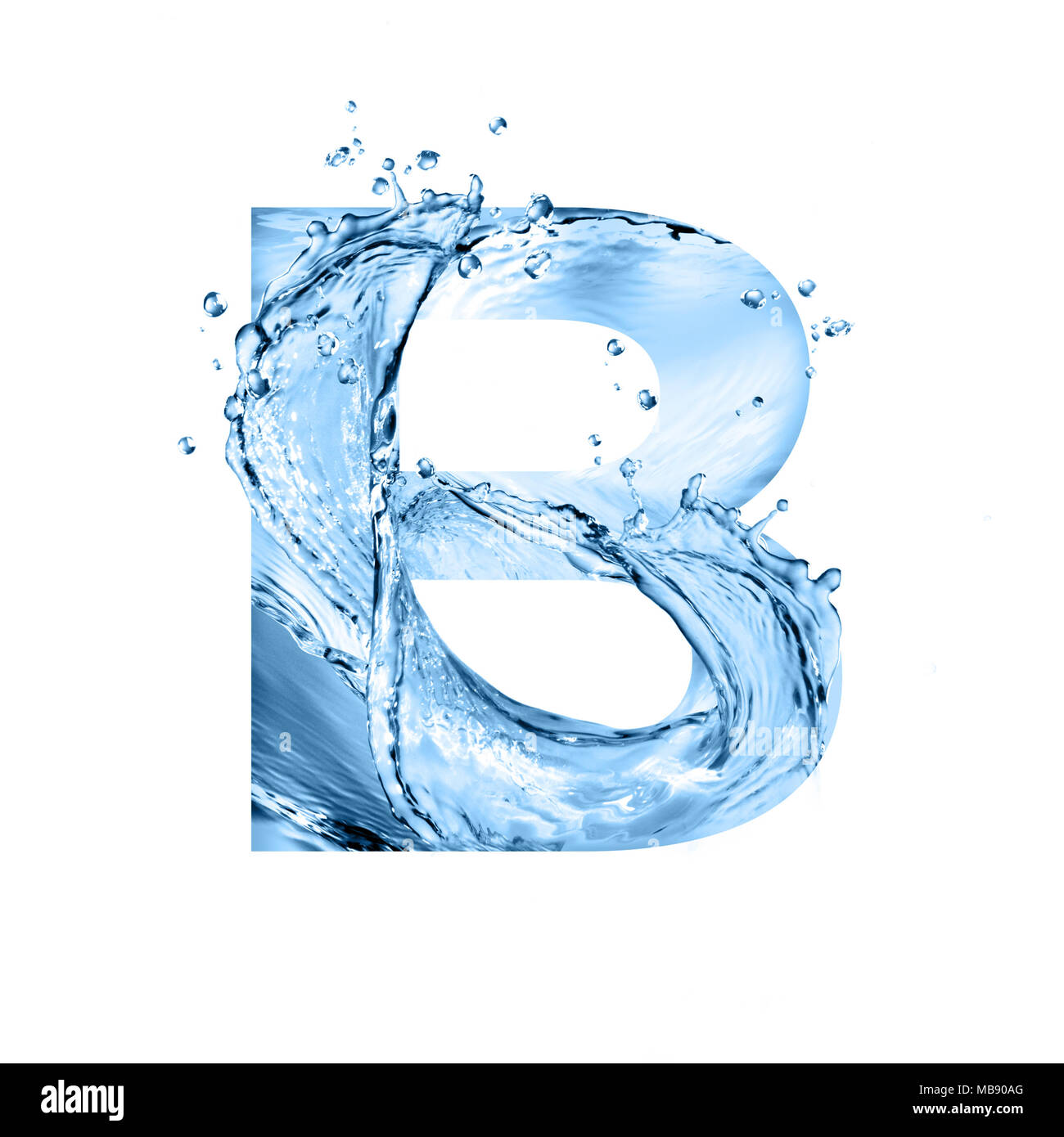 stylized font, art text made of water splashes, capital letter b, isolated on white background Stock Photo