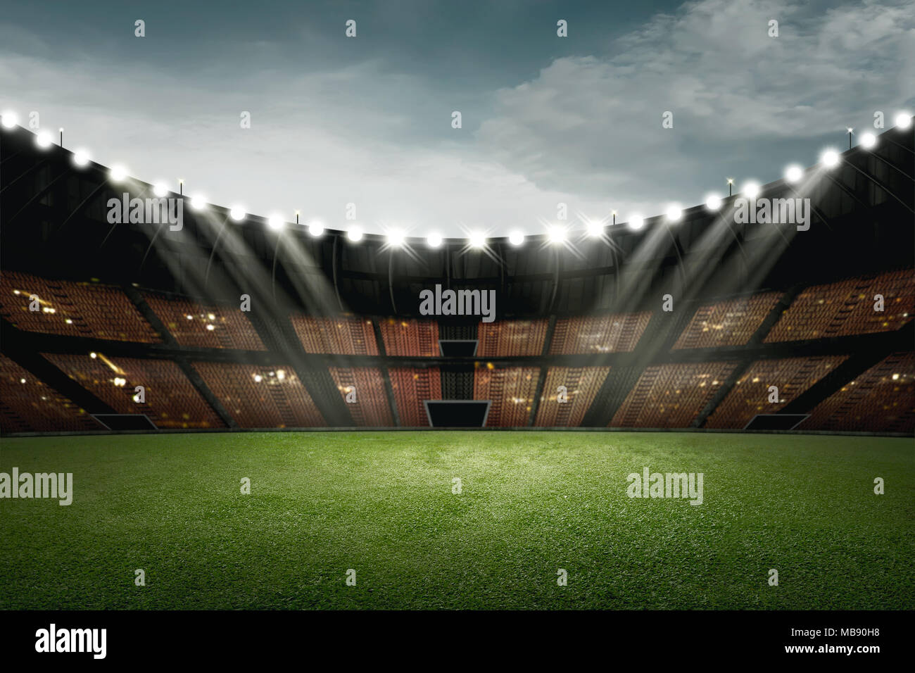 Football stadium design with green grass and light for illumination over sky background Stock