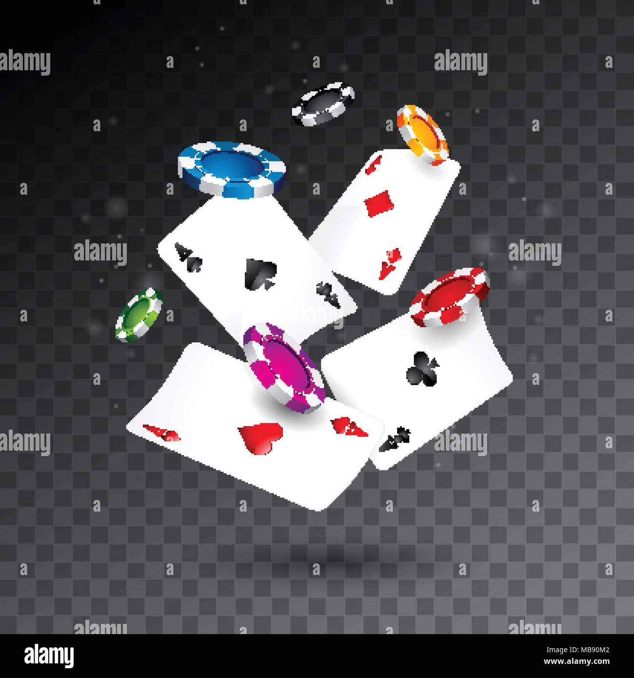 Realistic falling casino chips and poker cards illustration on