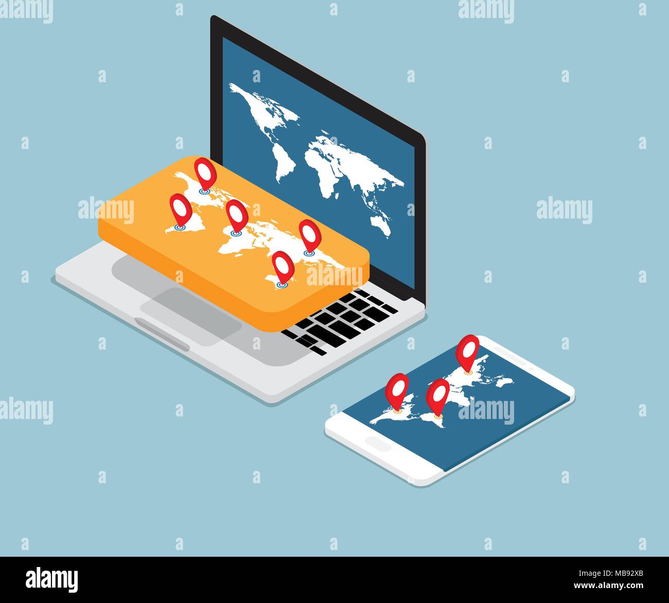 illustration of map and red pin location on laptop and smartphone ...