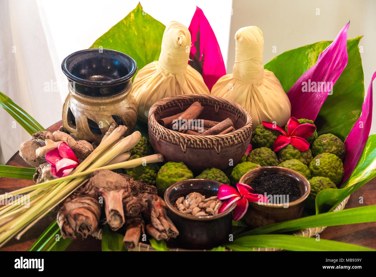 A basket with natural Spa ingredients, like cinnamon sticks, makrut lime, lemon grass, turmeric, bowls with seeds and two massage compress balls. Stock Photo