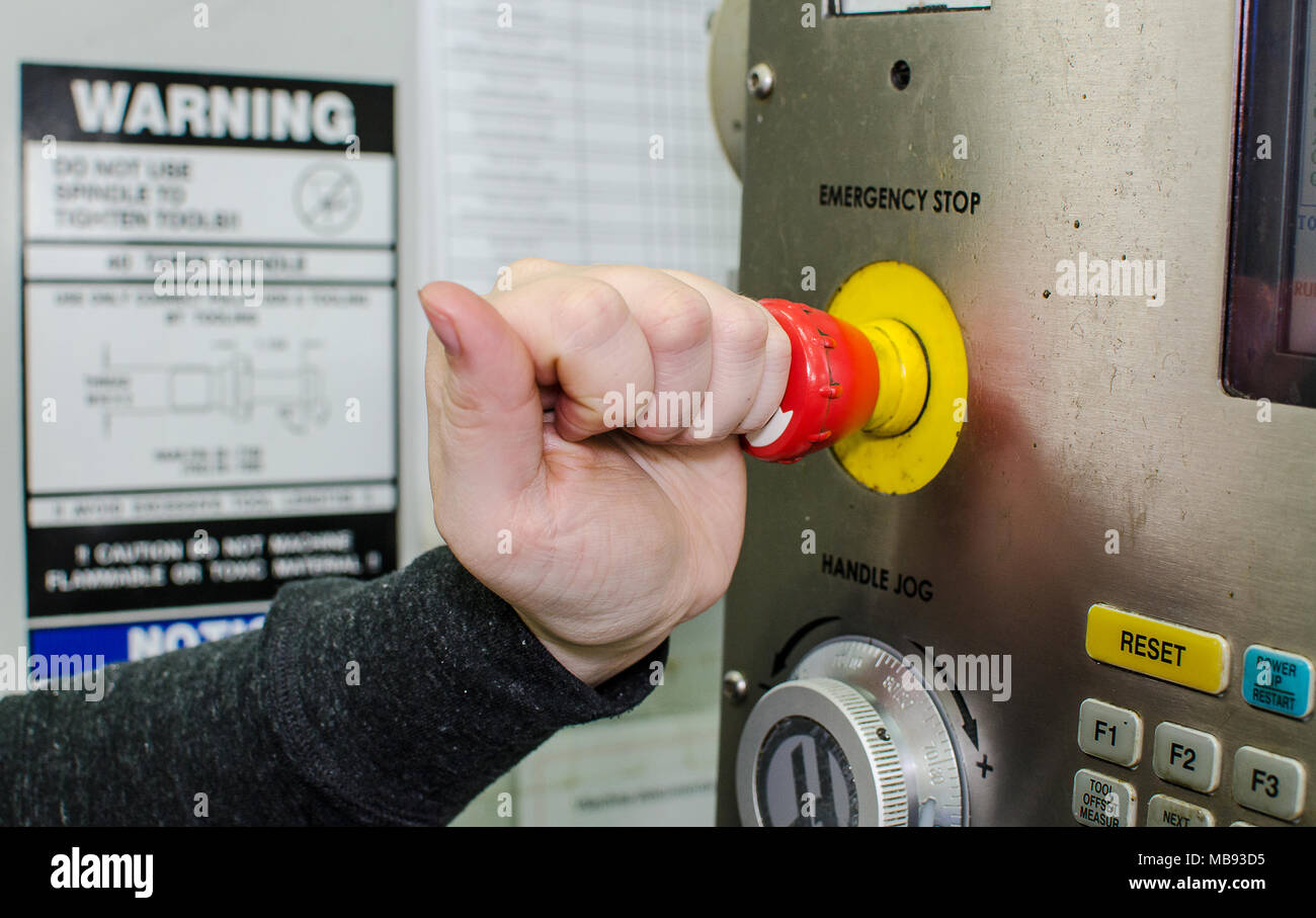 Button emergency stop on cnc machine tool Stock Photo Alamy