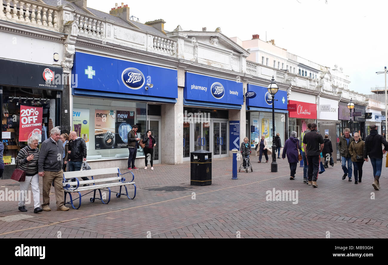 Boots the Chemist shop in Eastbourne Langley Road pedestrianised area in  centre of town Stock Photo - Alamy