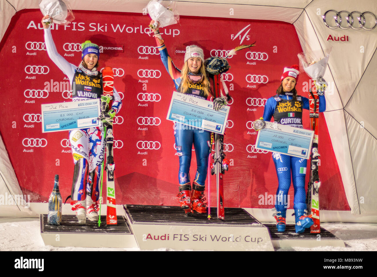 20 December 2017, Courchevel, Savoie, France, Mikaela Shiffrin of Usa winner of the  Parallel Slalom of Courchevel Ladies Ski World Cup 2017 Stock Photo