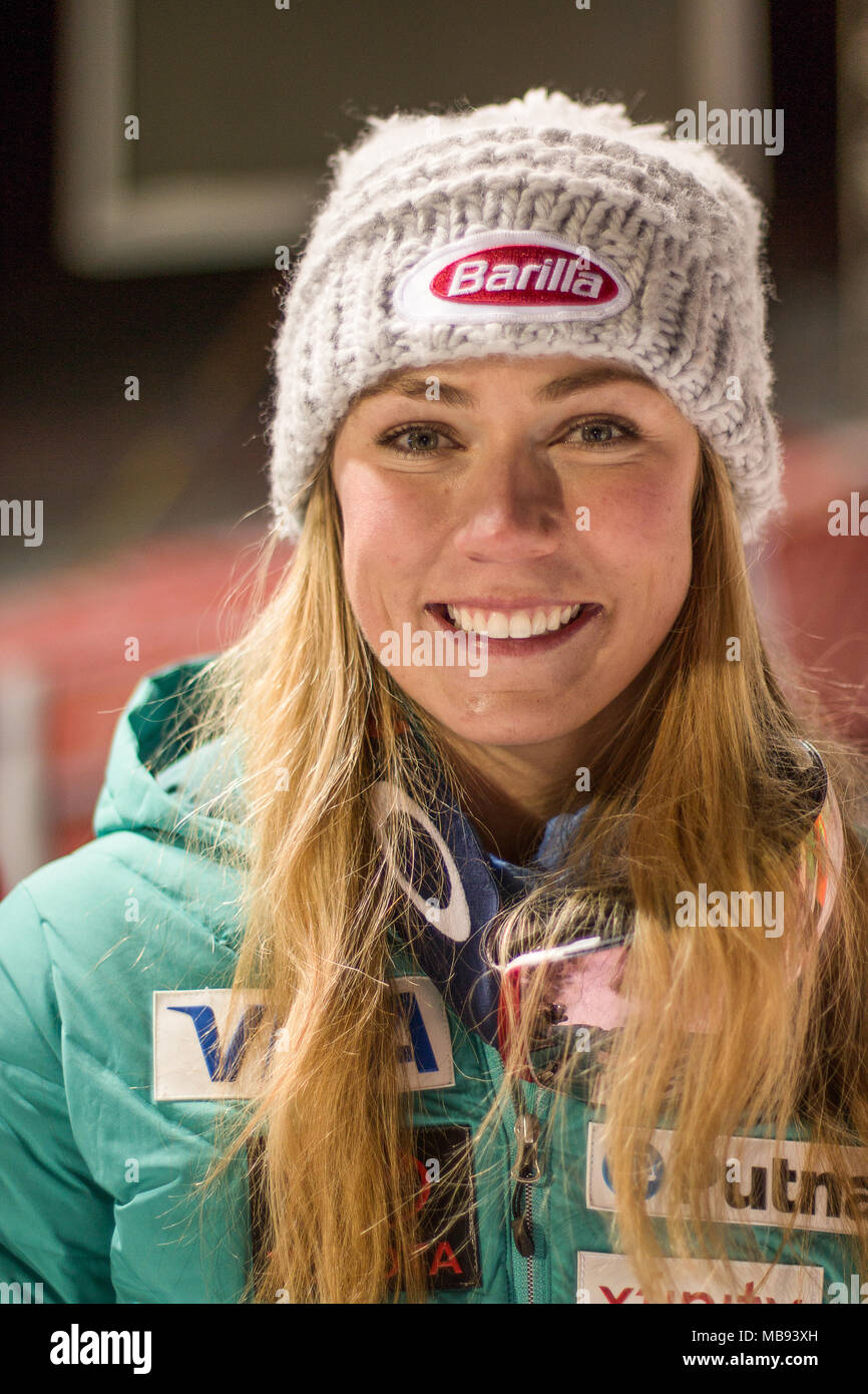 20 December 2017, Courchevel, Savoie, France, portrait Mikaela Shiffrin of Usa winner of the  Parallel Slalom of Courchevel Ladies Ski World Cup 2017 Stock Photo