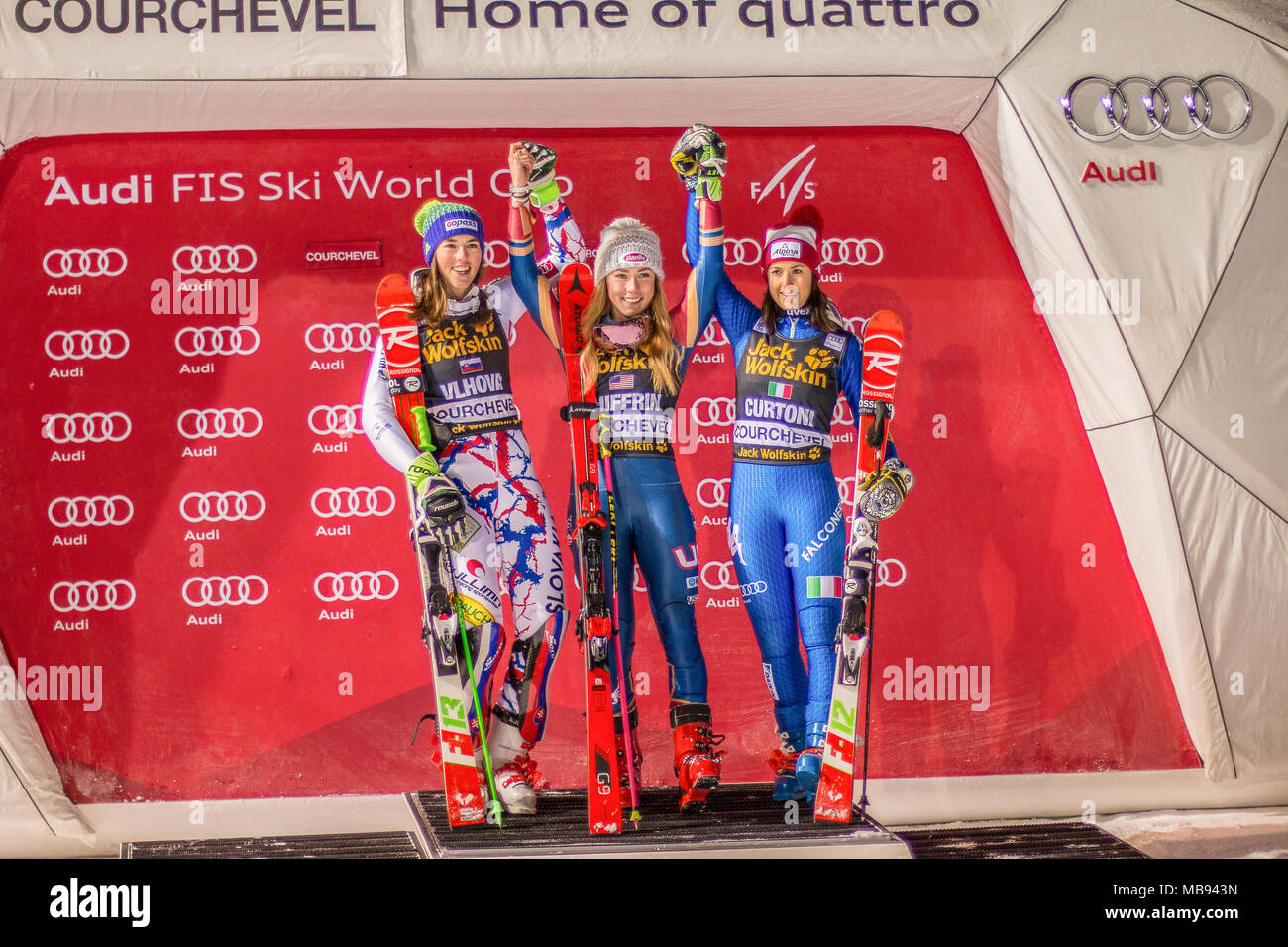 20 December 2017, Courchevel, Savoie, France, Mikaela Shiffrin of Usa winner of the  Parallel Slalom of Courchevel Ladies Ski World Cup podium present Stock Photo