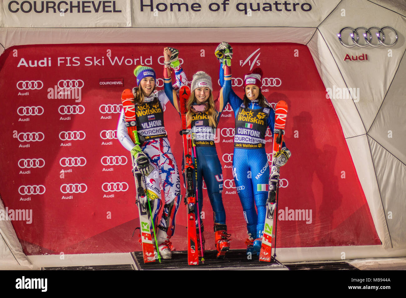 20 December 2017, Courchevel, Savoie, France, Mikaela Shiffrin of Usa winner of the  Parallel Slalom of Courchevel Ladies Ski World Cup podium present Stock Photo