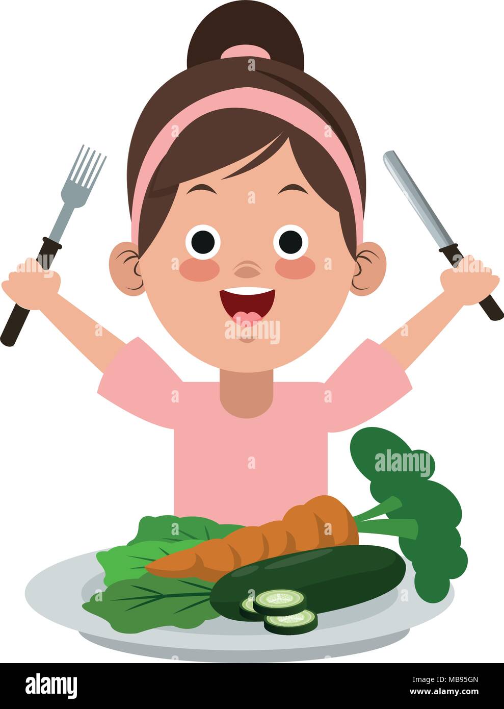 Cute Girl Eating Healthy Food Stock Vector Art Illustration