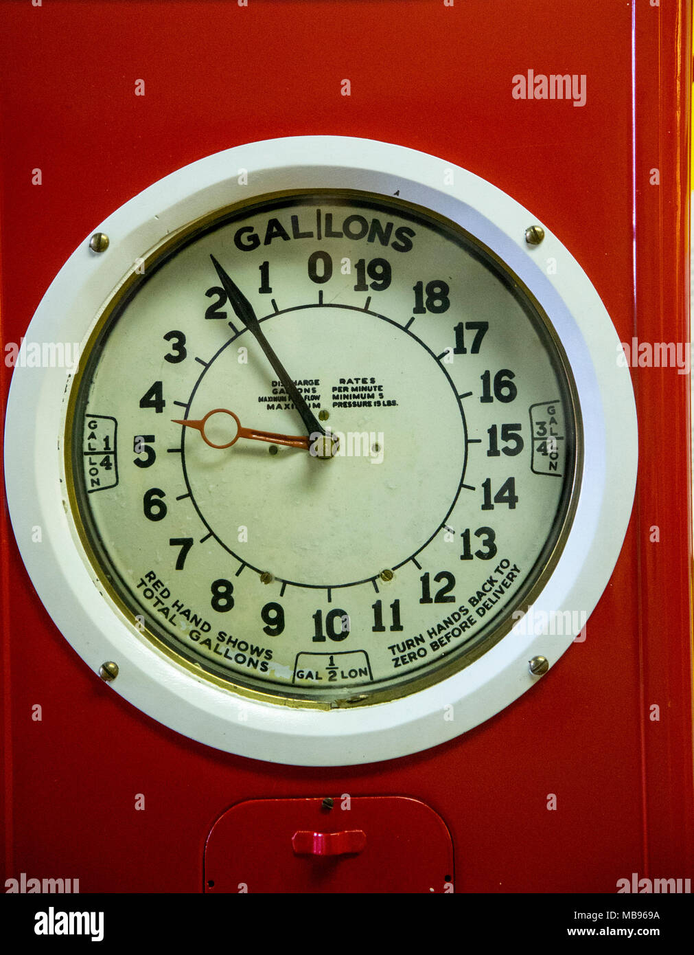 Gallons pumped dial on a vintage gas pump at the Paterson Museum in Paterson, NJ Stock Photo