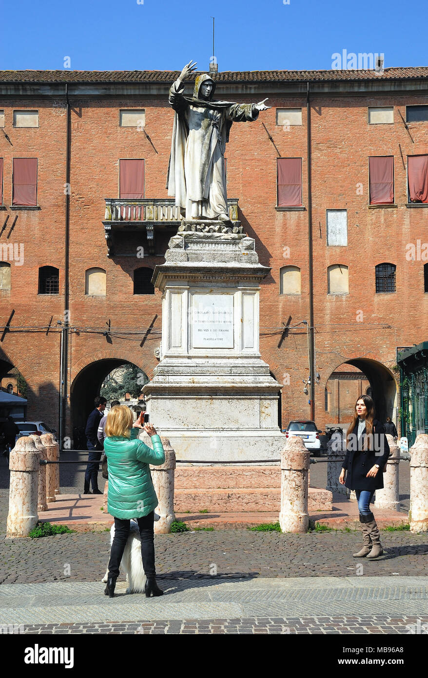 Ferrara, Italy. The statue of Girolamo Savonarola. He was born in Ferrara in 1452. Stock Photo