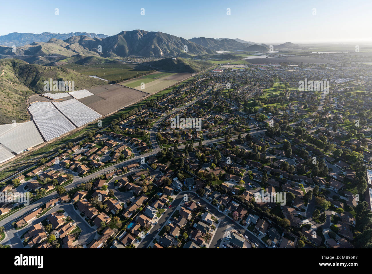 Aerial view of Camarillo homes, hills and farms in Ventura County, California. Stock Photo