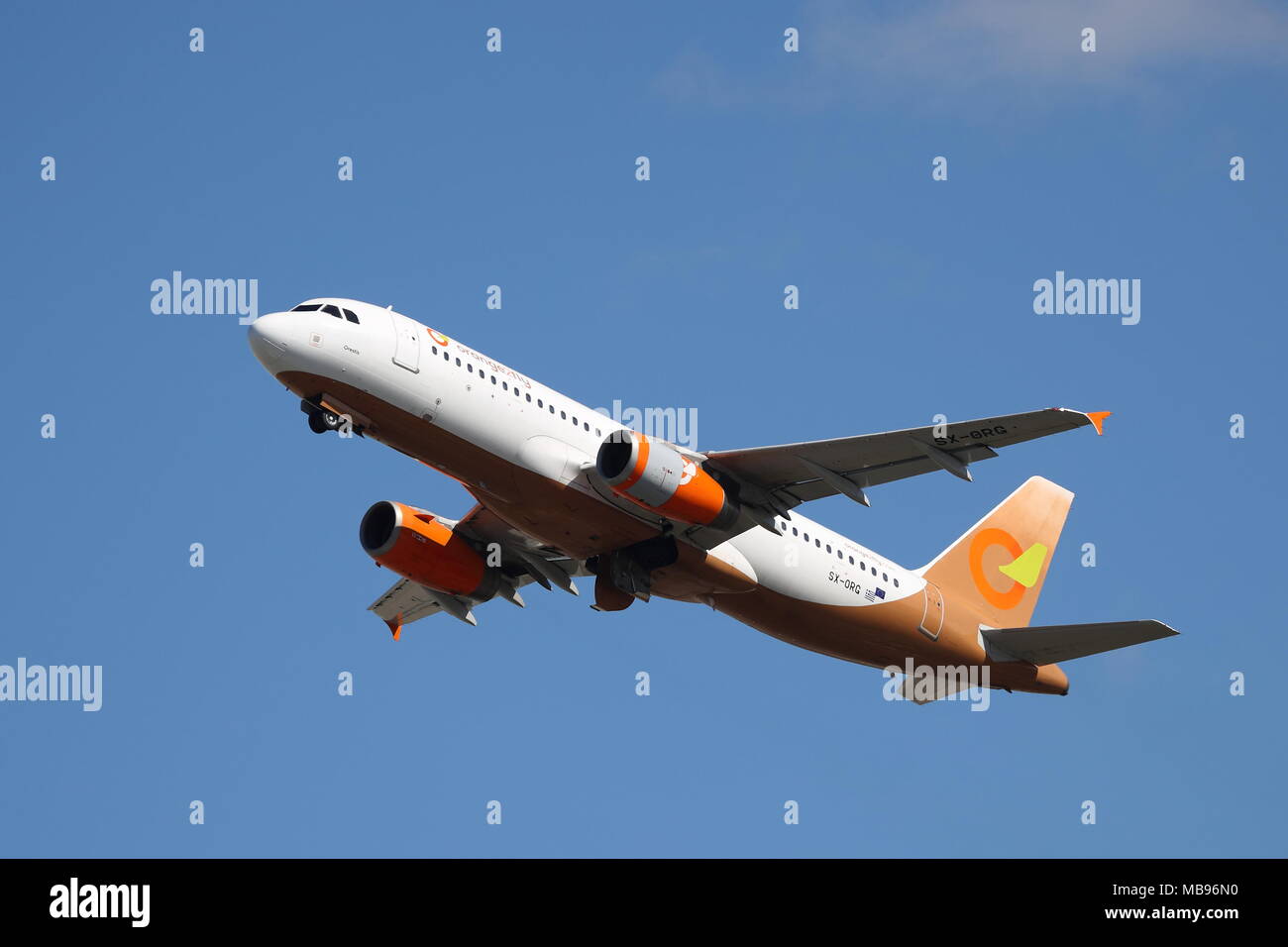 Orange2fly Airbus A320 SX-ORG departing from London Heathrow Airport, UK Stock Photo