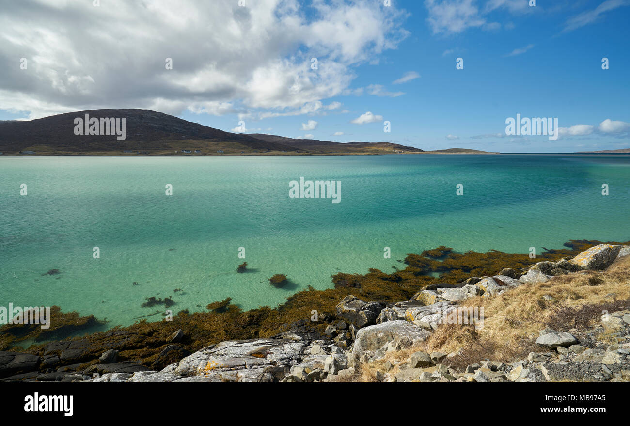 Stunning tropical colours in the crystal clear sea around Luskentyre on The Isle of Harris, Scotland. Stock Photo
