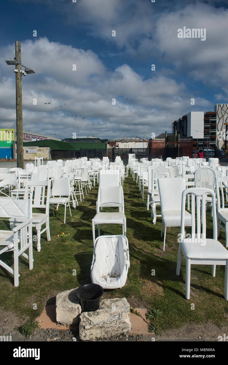 The 185 Empty Chairs memorial, remembering victims of the Christchurch earthquake, Christchurch, New Zealand Stock Photo