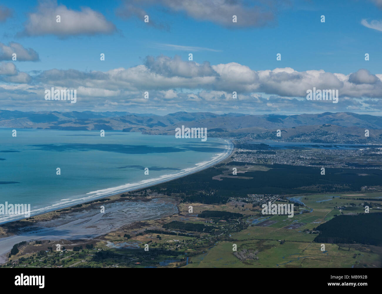 Aerial view of Christchurch and Pegasus Bay, Catnerbury, New Zealand Stock Photo