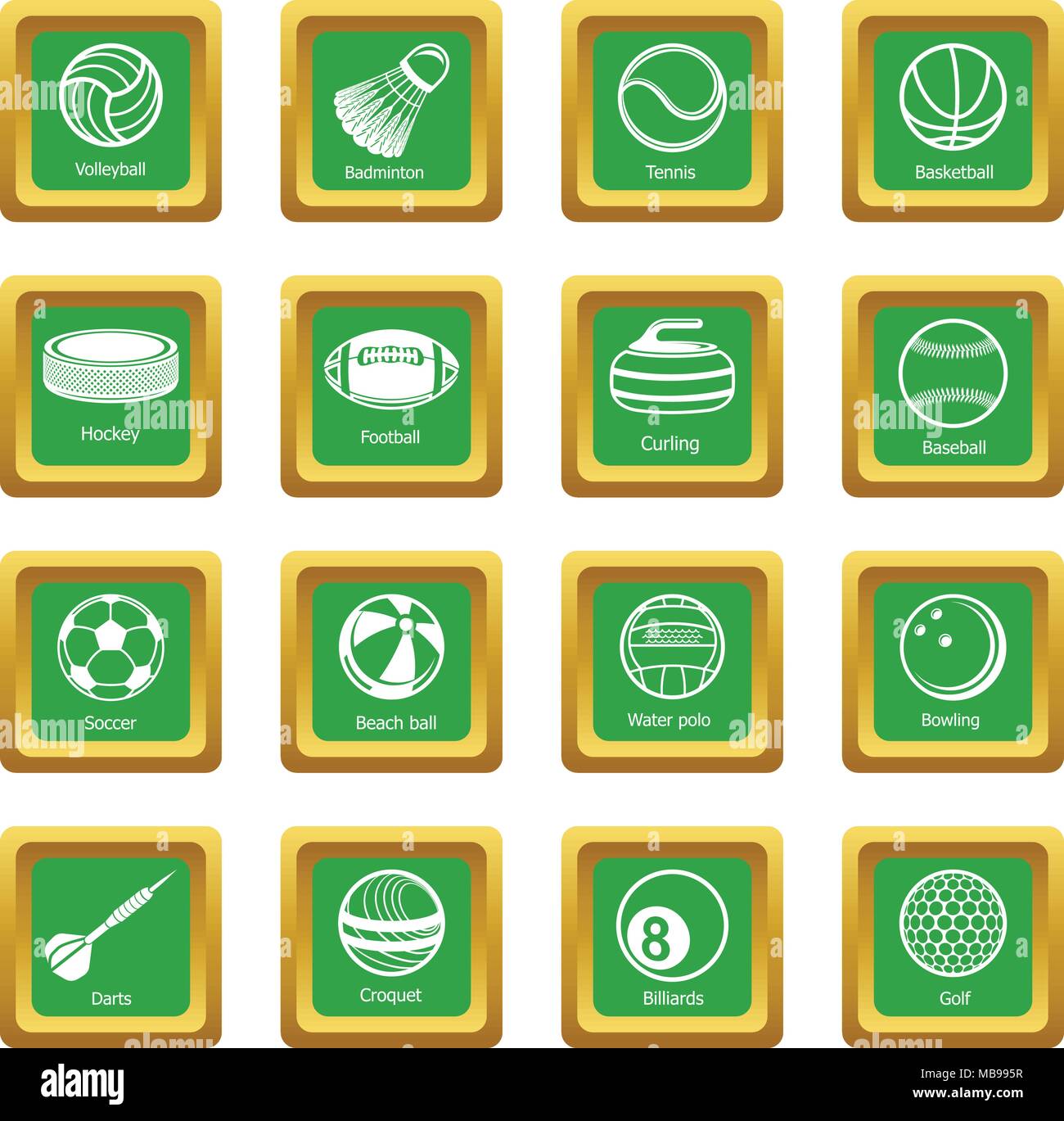 Sport balls equipment icons set green square vector Stock Vector Image ...