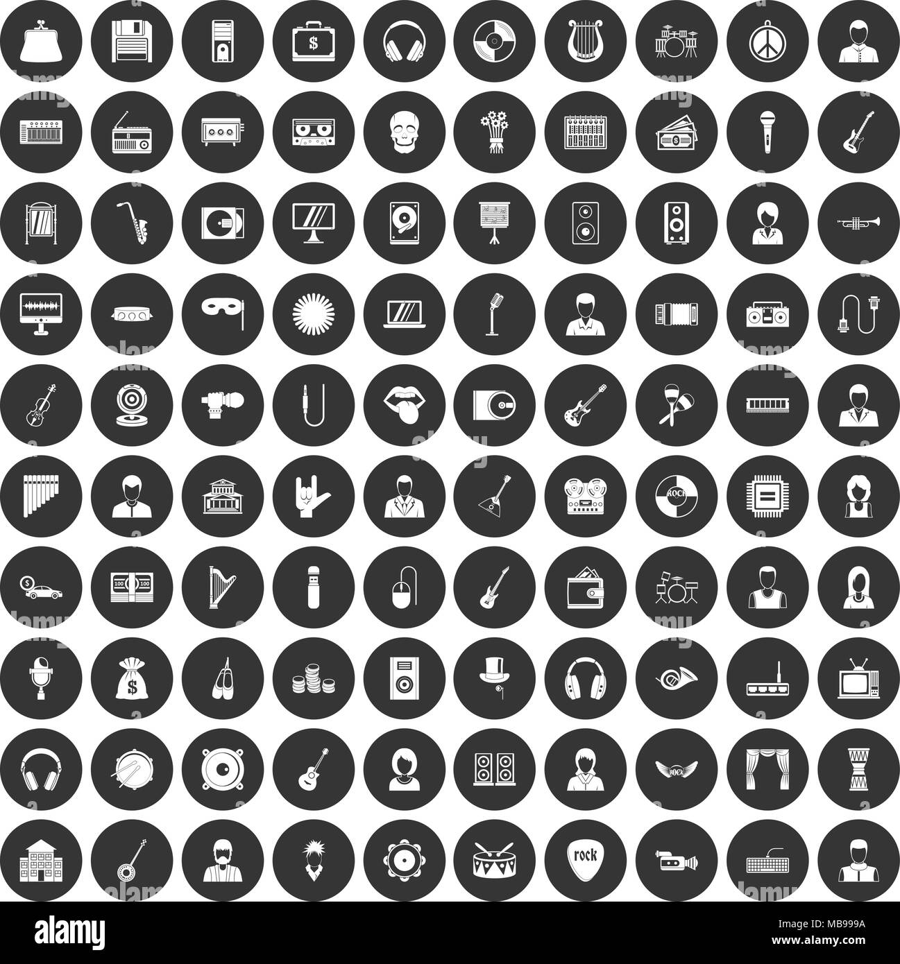 100 music icons set black circle Stock Vector