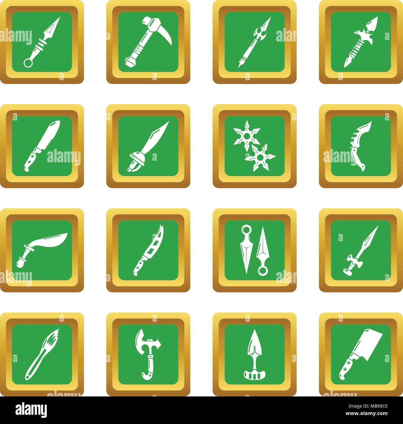 Steel arms items icons set green square vector Stock Vector