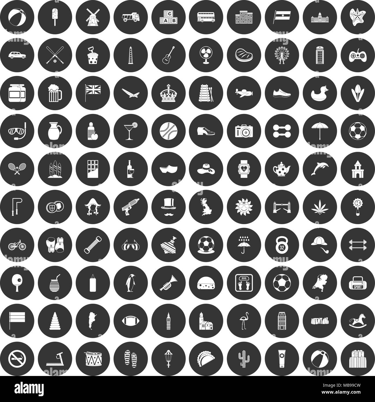100 ball icons set black circle Stock Vector