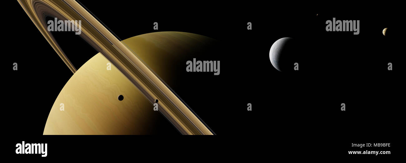 planet Saturn with moon Enceladus and other moons Stock Photo