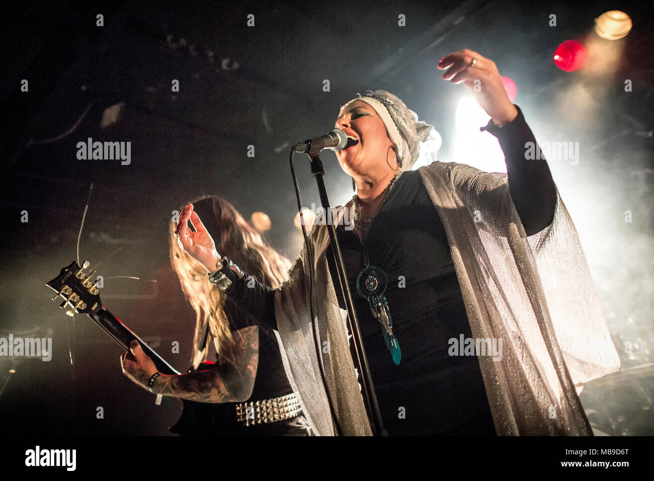 Norway, Oslo - March 30, 2018. The Portuguese heavy metal band Earth Electric performs a live concert at Rockefeller during the Norwegian metal festival Inferno Metal Festival 2018 in Oslo. Here vocalist Carmen Susana Simoes is seen live on stage. (Photo credit: Gonzales Photo - Terje Dokken). Stock Photo