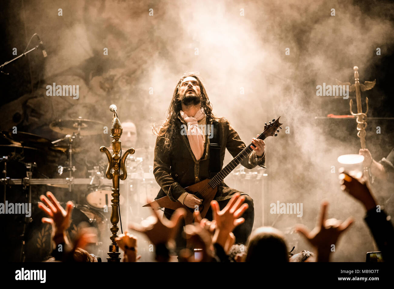 Norway, Oslo - March 31, 2018. The Italian death metal band Fleshgod Apocalypse performs a live concert at Rockefeller during the Norwegian metal festival Inferno Metal Festival 2018 in Oslo. Here guitarist Cristiano Trionfera is seen live on stage. (Photo credit: Gonzales Photo - Terje Dokken). Stock Photo
