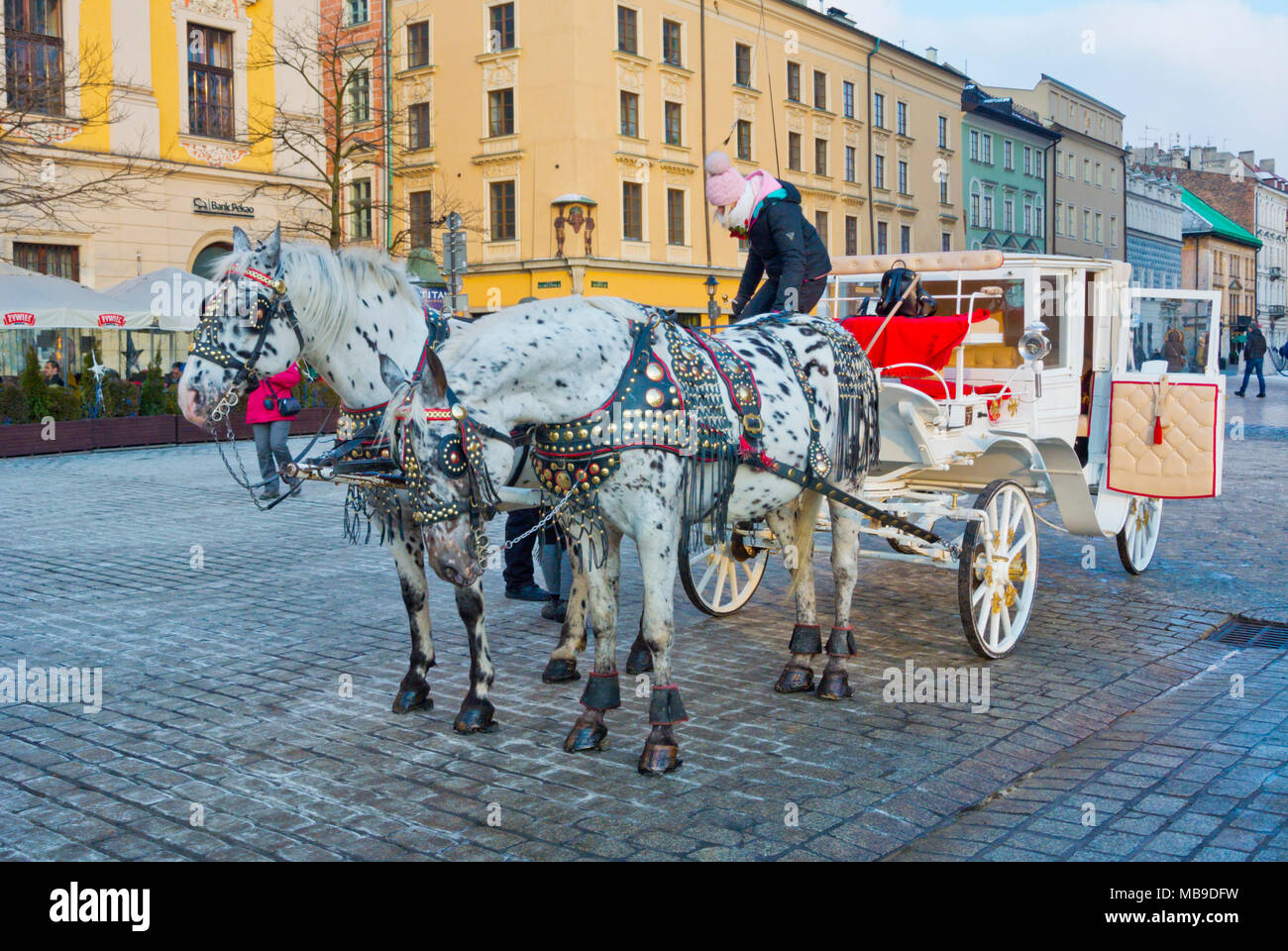 Horse drawn carriage, Rynek Glowny, old town square, Krakow, Malopolska, Poland Stock Photo