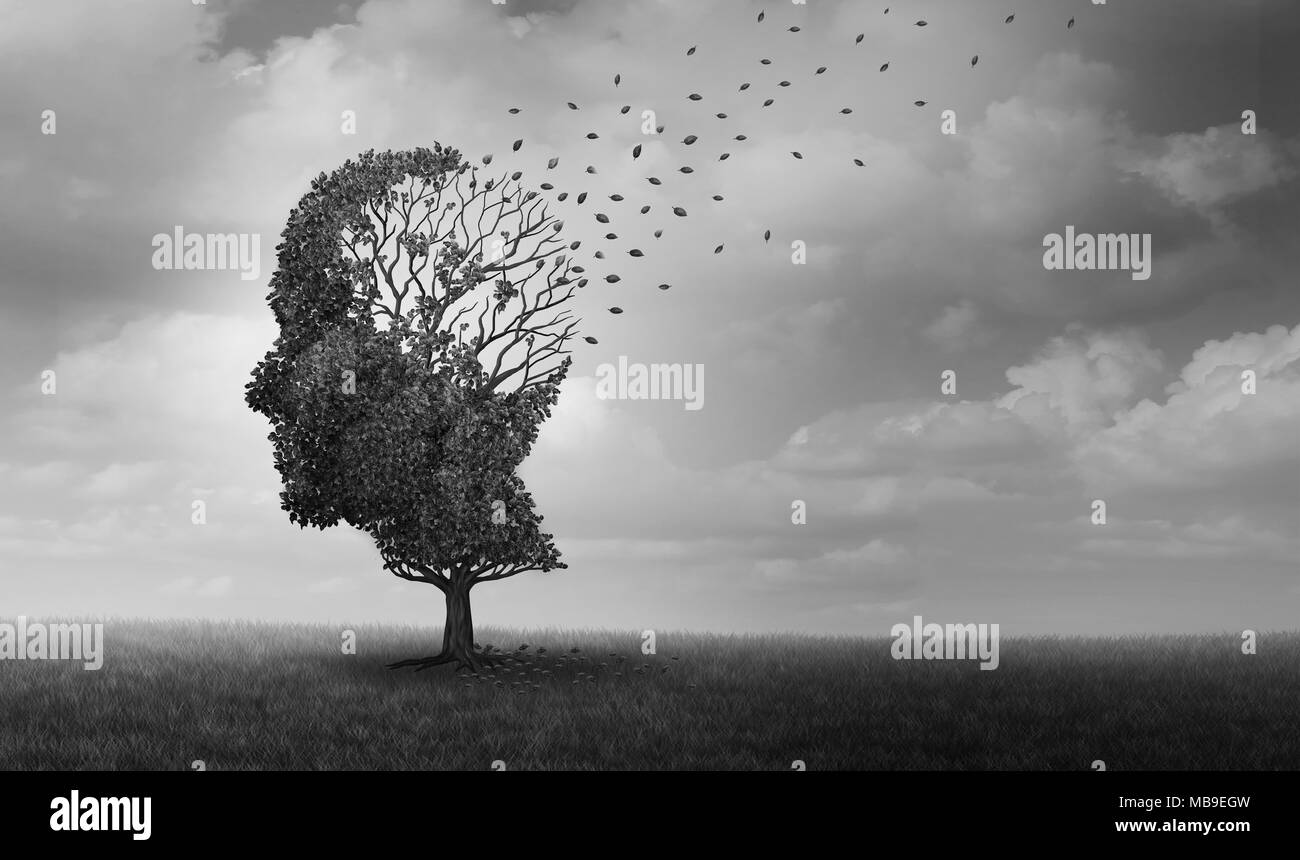 Alzheimer disease as a neuropathology memory loss due to brain degeneration and decline as a surreal medical neurology illness concept. Stock Photo
