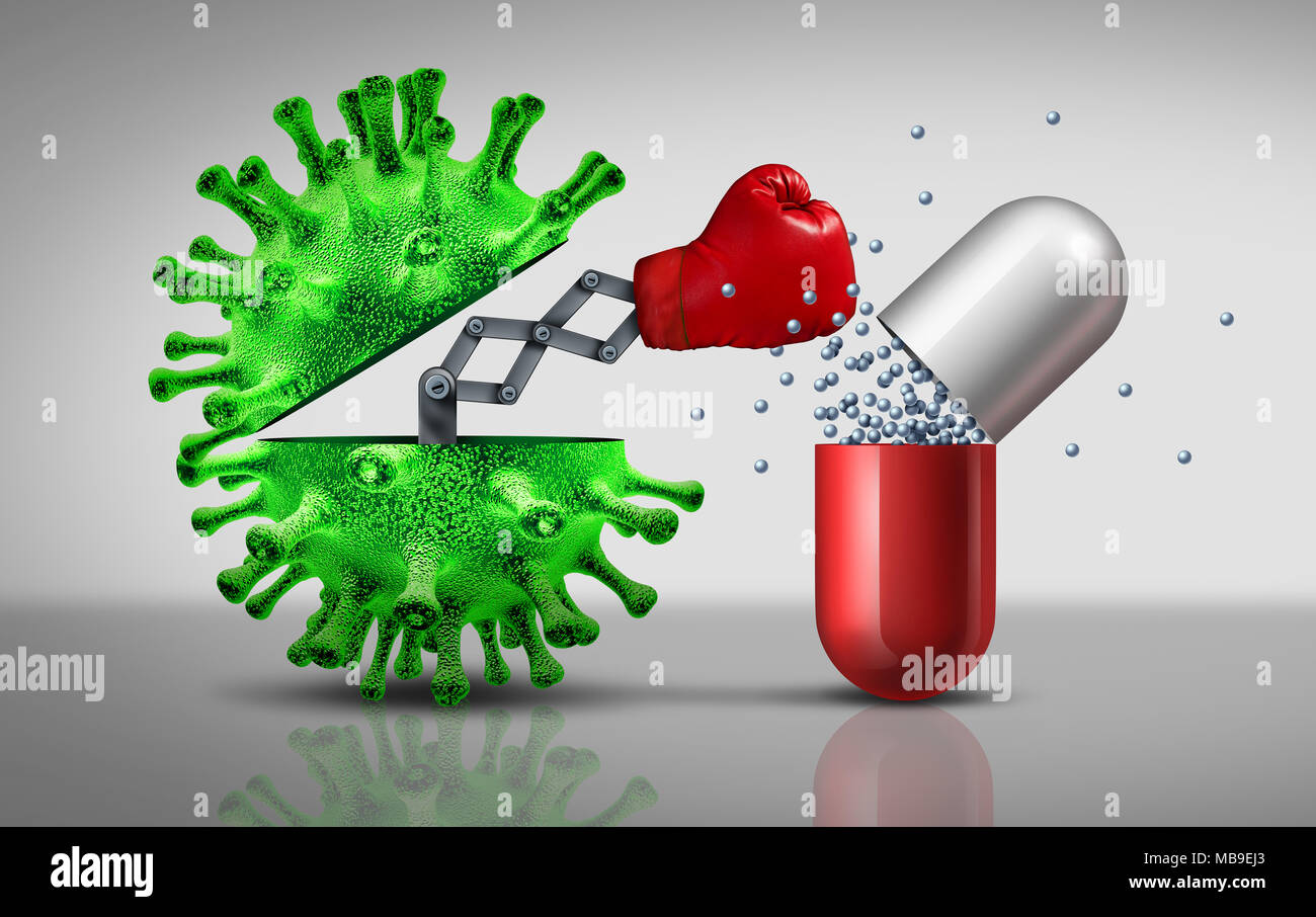 Antibiotic resistant virus as a deadly mutated viral cell attacking a pharmaceutical pill with a punch as a medical pathology disease risk. Stock Photo