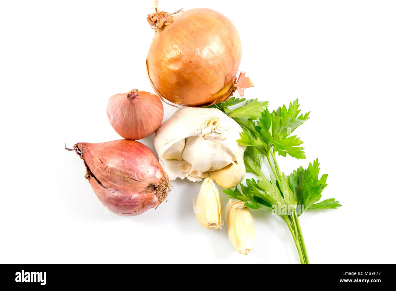 Onion with parsley and garlic isolated on white background, top view. Stock Photo