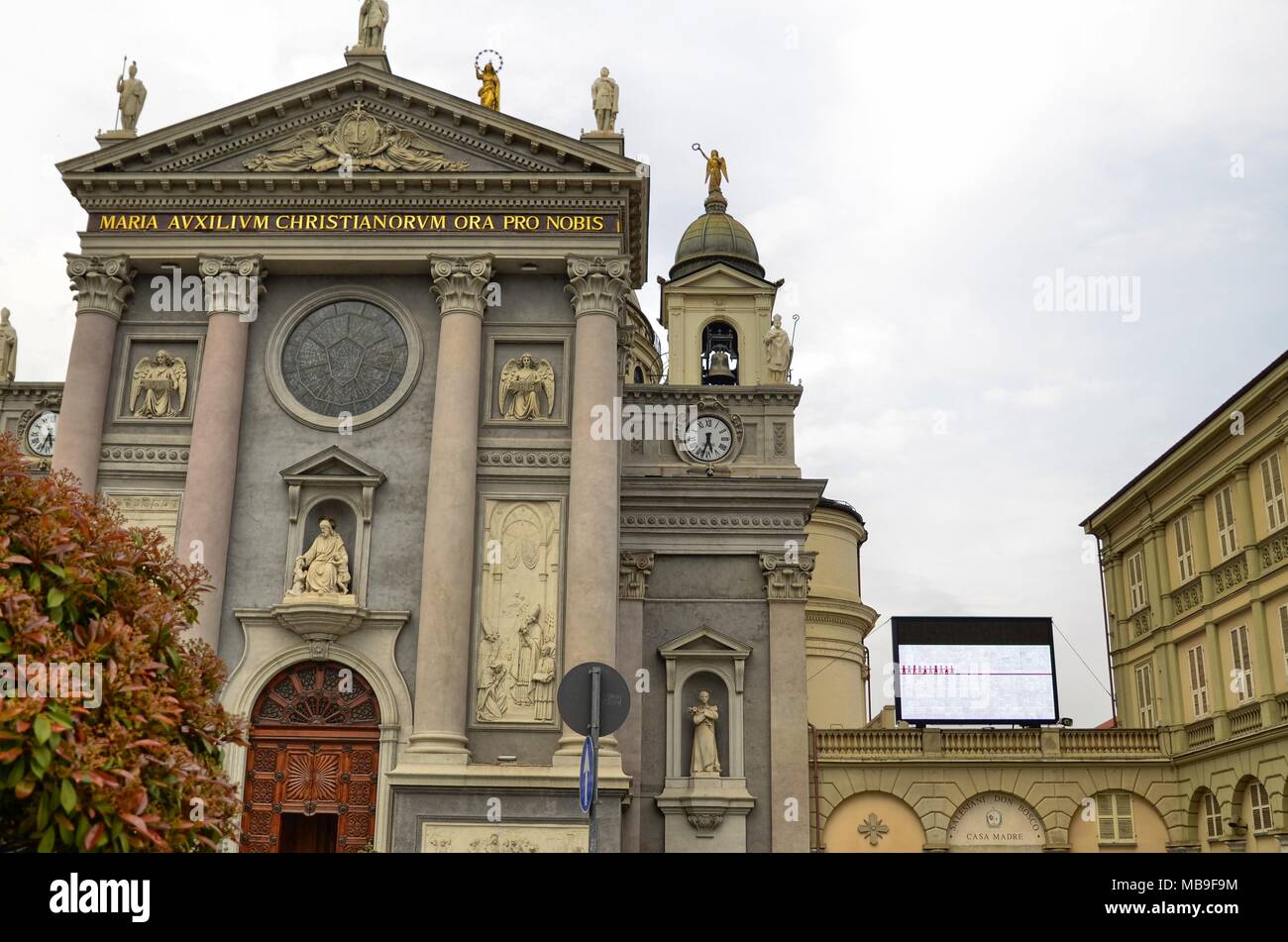 Turin, Italy, Piedmont April 08 2018. The façade of the Basilica of Mary Help of Christians. Sanctuary erected by St. John Bosco as a monument Stock Photo