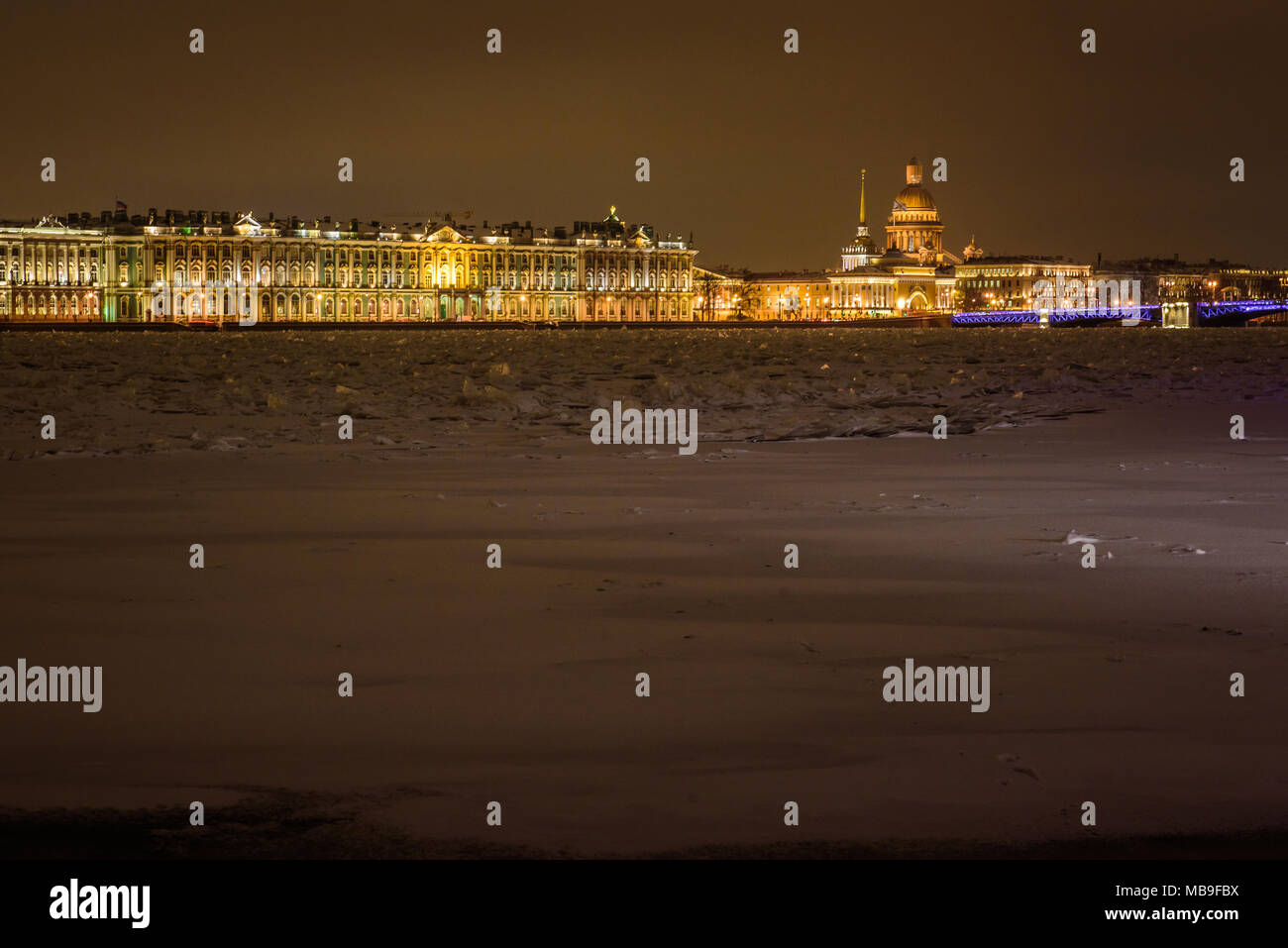 Neva River frozen in Winter at Night, celebrating Epiphany. St. Petersburg, Russia. Stock Photo