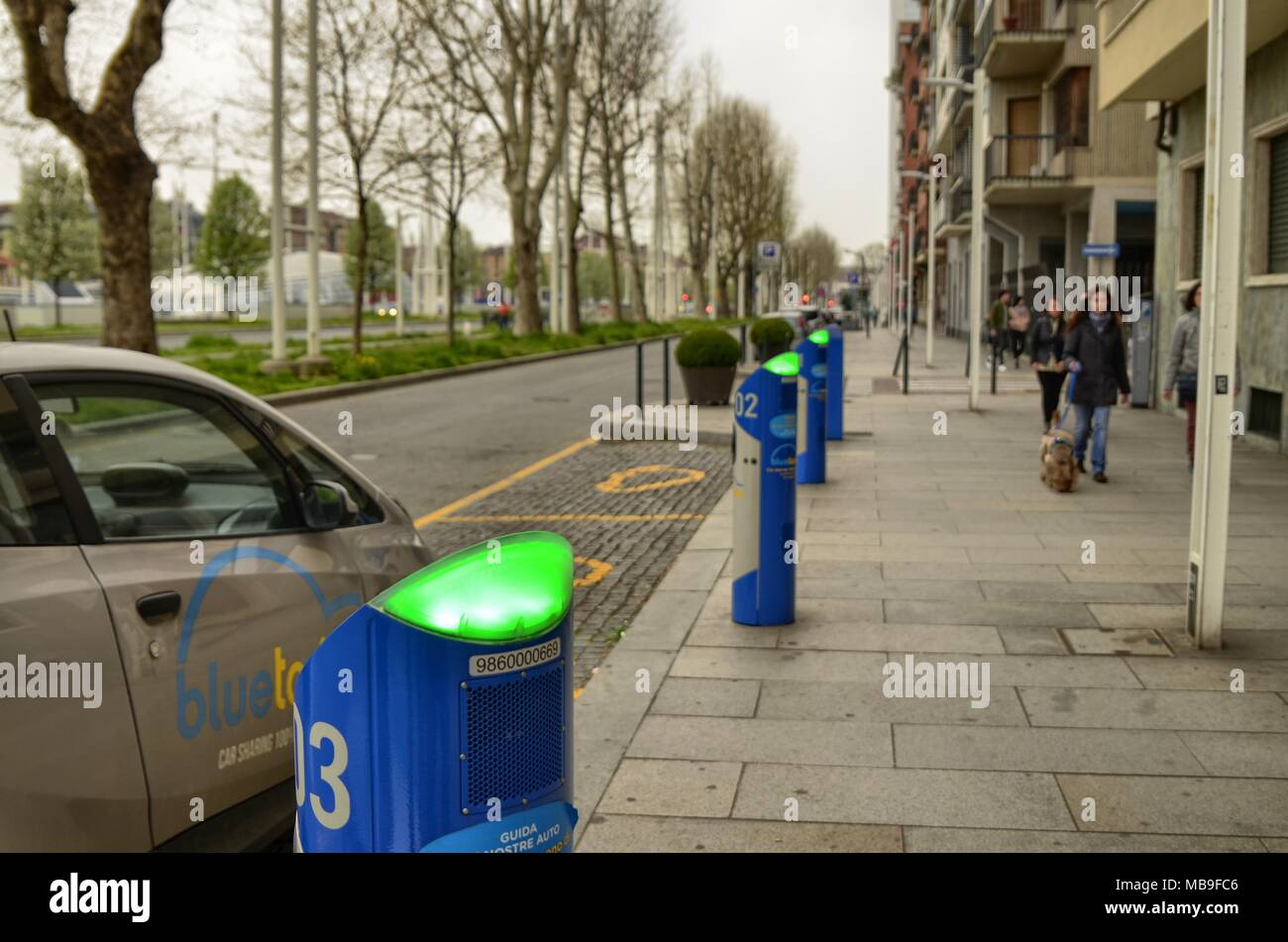 Turin, Italy, Piedmont April 08 2018. Electric car rental, parking with fast charging points. Stock Photo